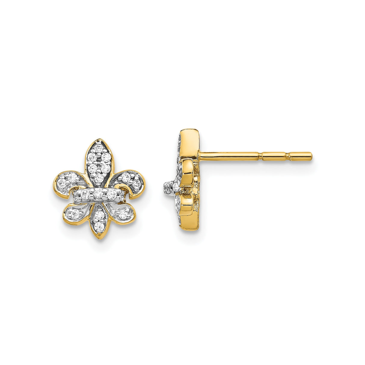 14k Yellow Gold Fleur de Lis Stud Earrings with Diamonds, Classic French Design