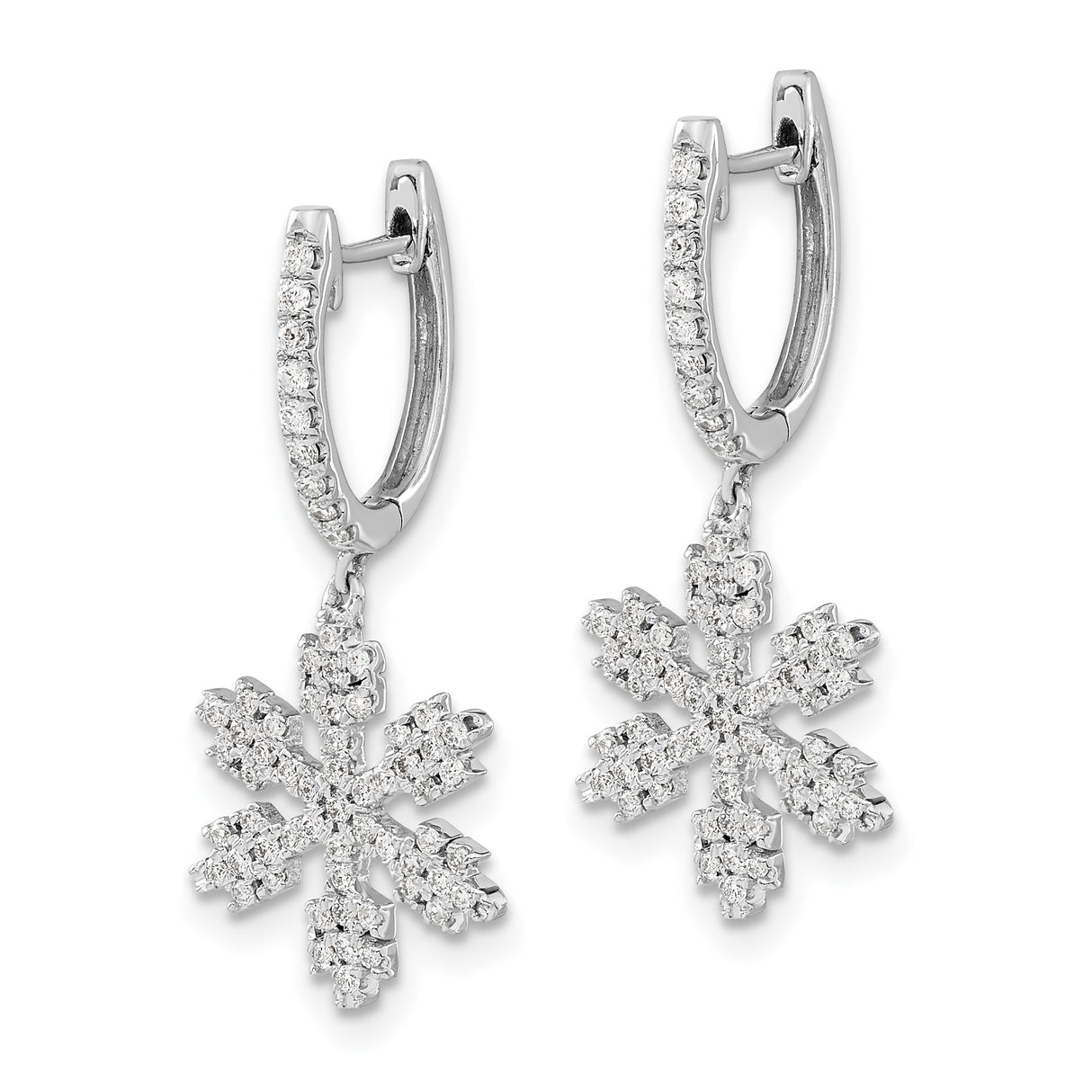 14k White Gold Dangle Earrings with Diamond Snowflake Charms, Winter Style for Women