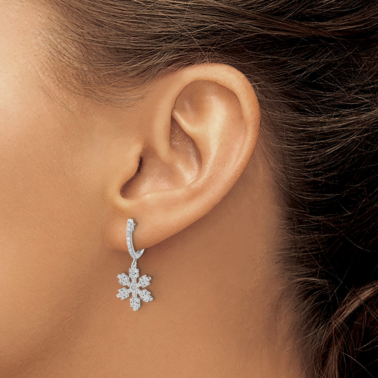 14k White Gold Dangle Earrings with Diamond Snowflake Charms, Winter Style for Women