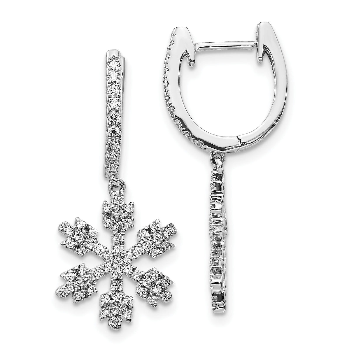 14k White Gold Dangle Earrings with Diamond Snowflake Charms, Winter Style for Women