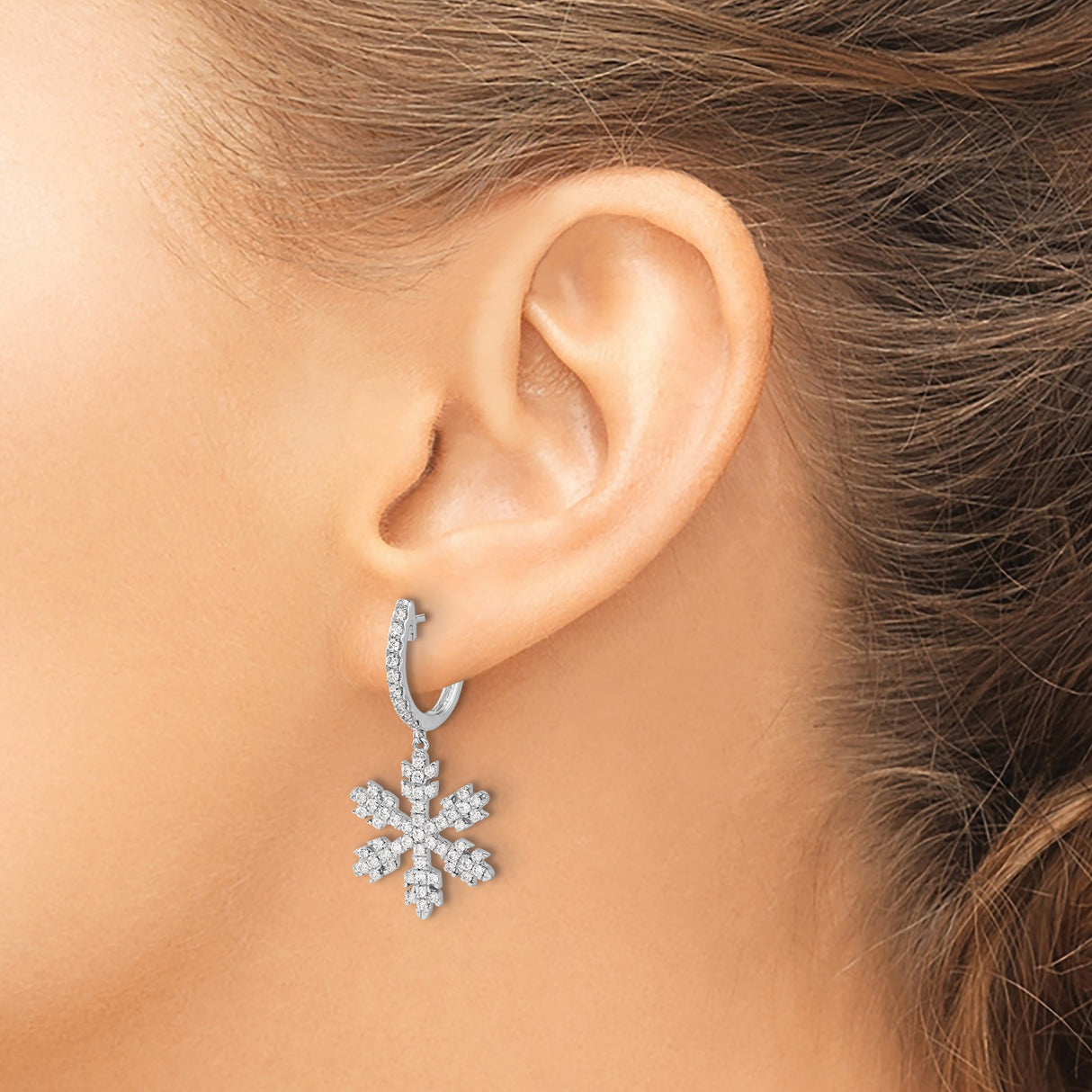 14k White Gold Snowflake Drop Earrings with Diamond, Winter Holiday Dangle Design for Women