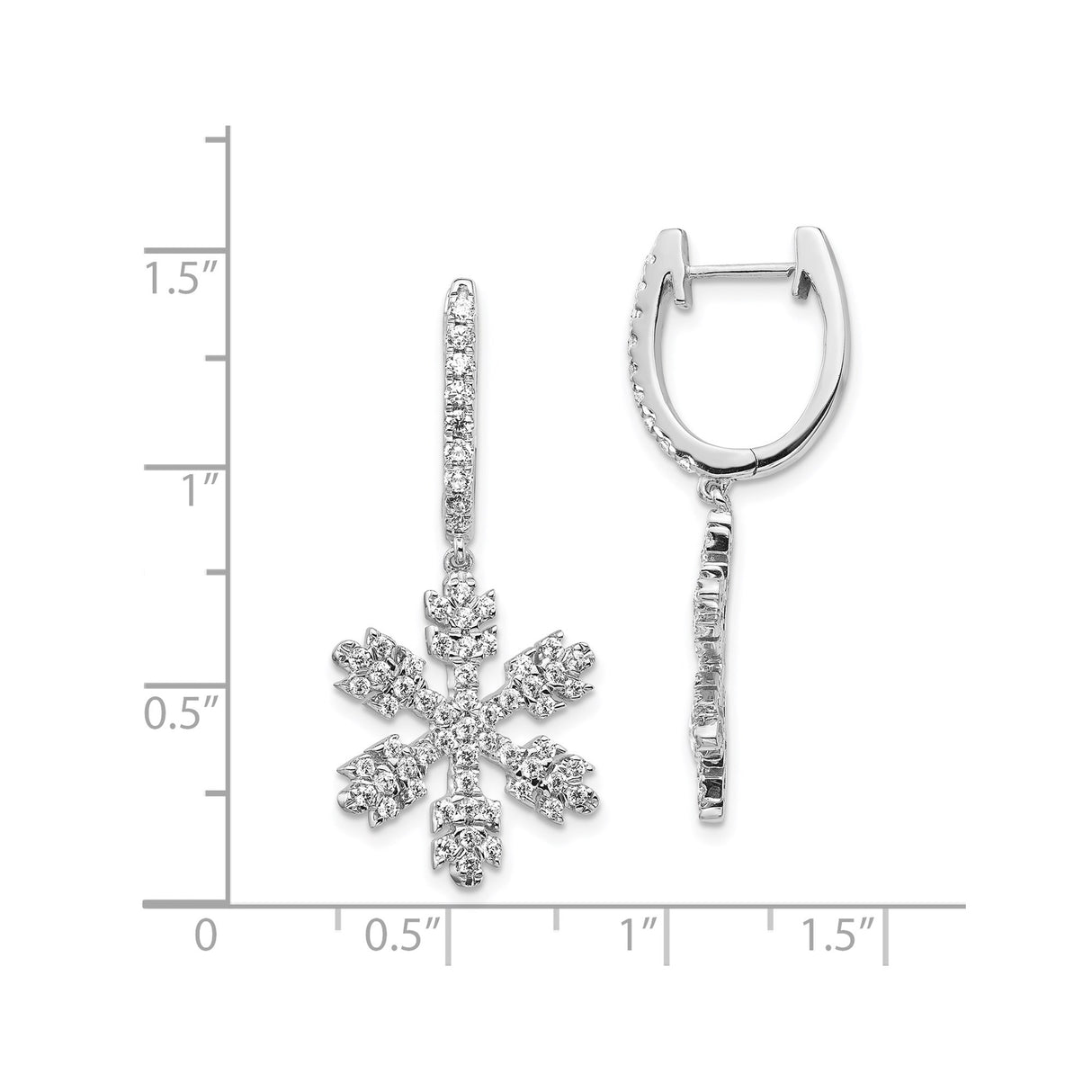 14k White Gold Snowflake Drop Earrings with Diamond, Winter Holiday Dangle Design for Women