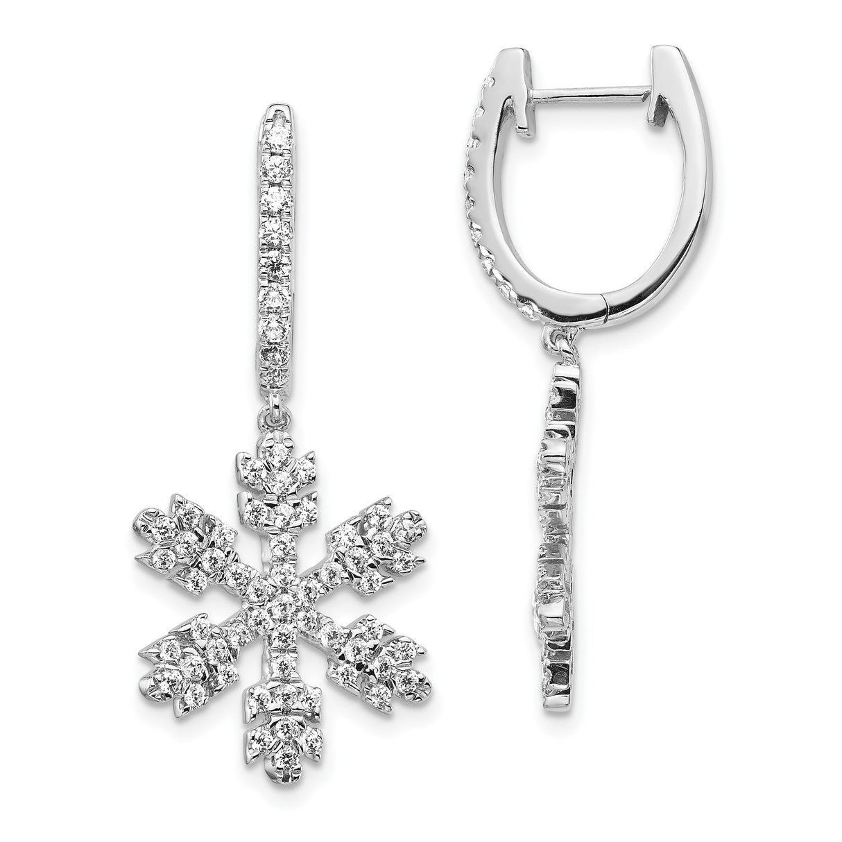 14k White Gold Snowflake Drop Earrings with Diamond, Winter Holiday Dangle Design for Women