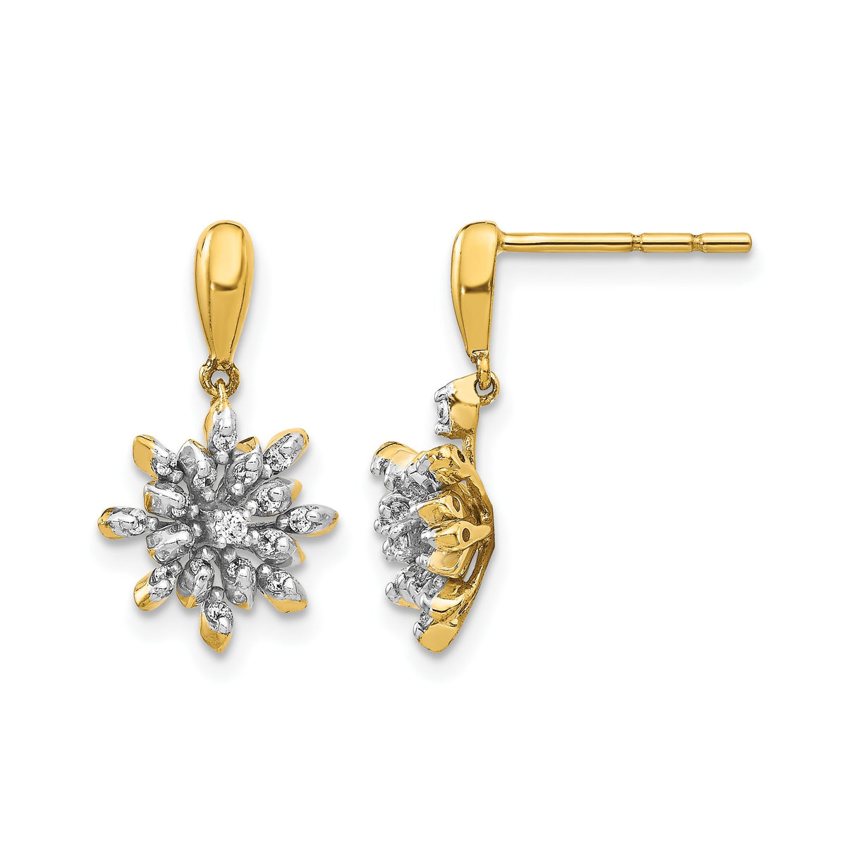 14k Yellow Gold Dangle Earrings with Diamond, Floral Cluster Design, Two-Tone Drop Style