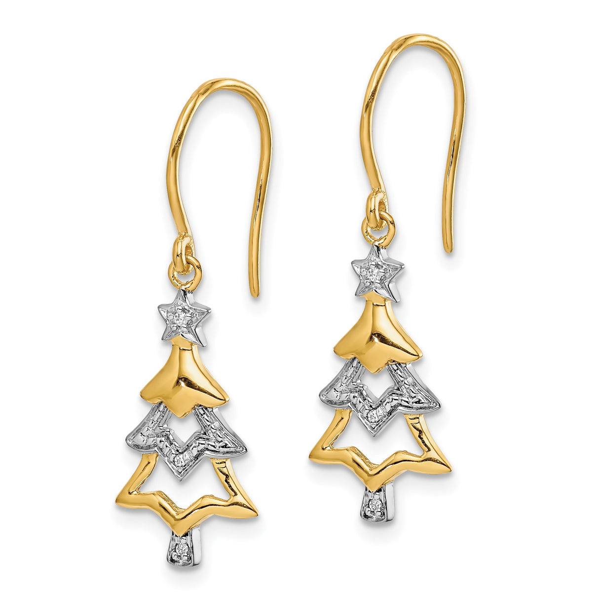 14k Yellow Gold Christmas Tree Dangle Earrings with Diamond Accents, Holiday Jewelry for Women