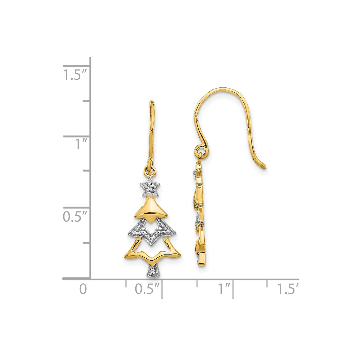 14k Yellow Gold Christmas Tree Dangle Earrings with Diamond Accents, Holiday Jewelry for Women