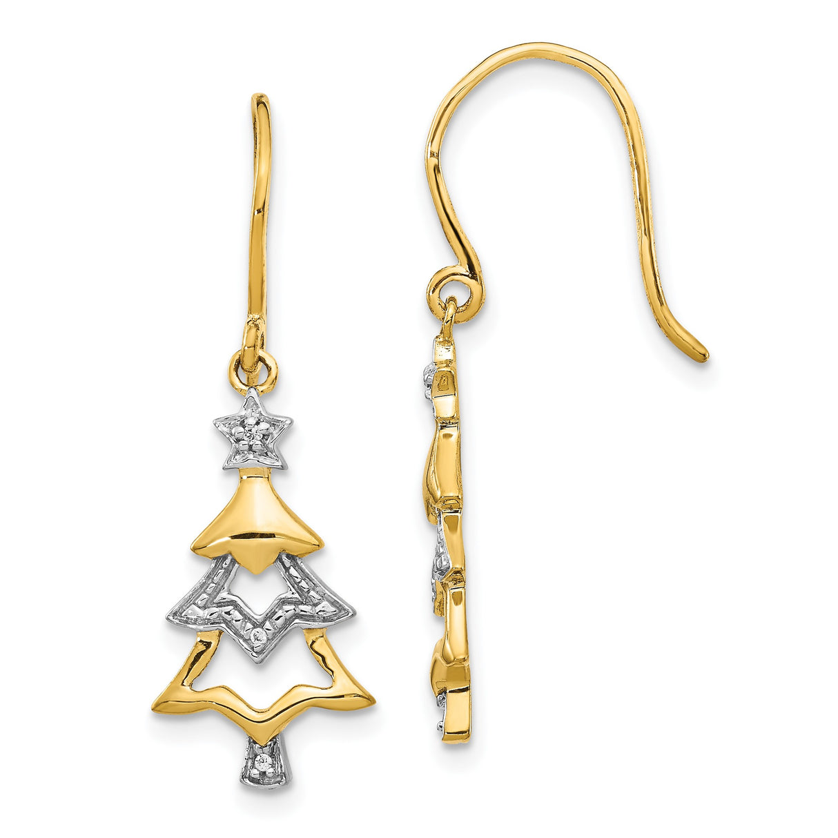 14k Yellow Gold Christmas Tree Dangle Earrings with Diamond Accents, Holiday Jewelry for Women