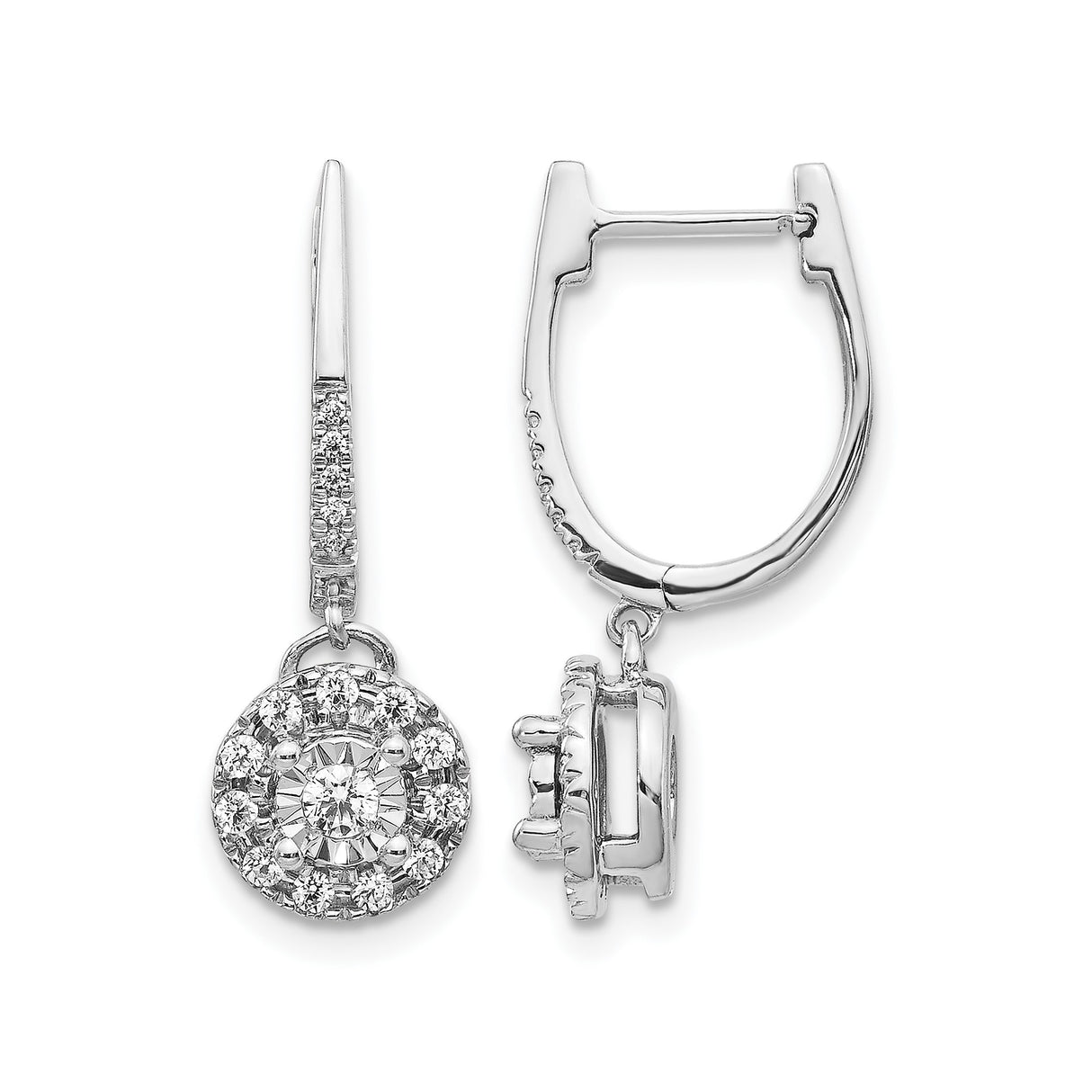 14k White Gold Diamond Drop Earrings, Halo Pavé Cluster Design for Women