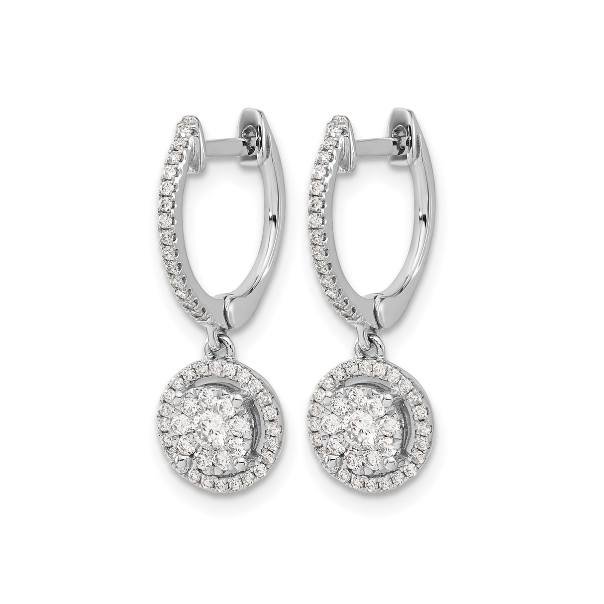 14k White Gold Diamond Drop Earrings with Round Halo and Pavé Accents