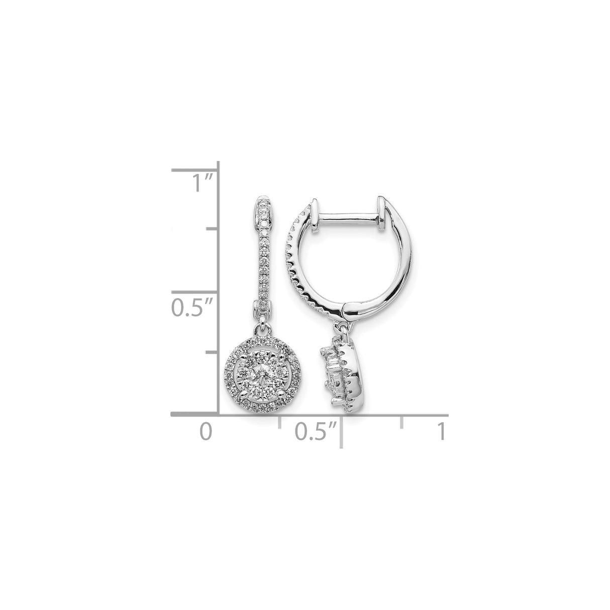 14k White Gold Diamond Drop Earrings with Round Halo and Pavé Accents