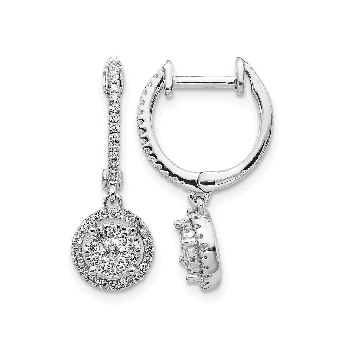 14k White Gold Diamond Drop Earrings with Round Halo and Pavé Accents