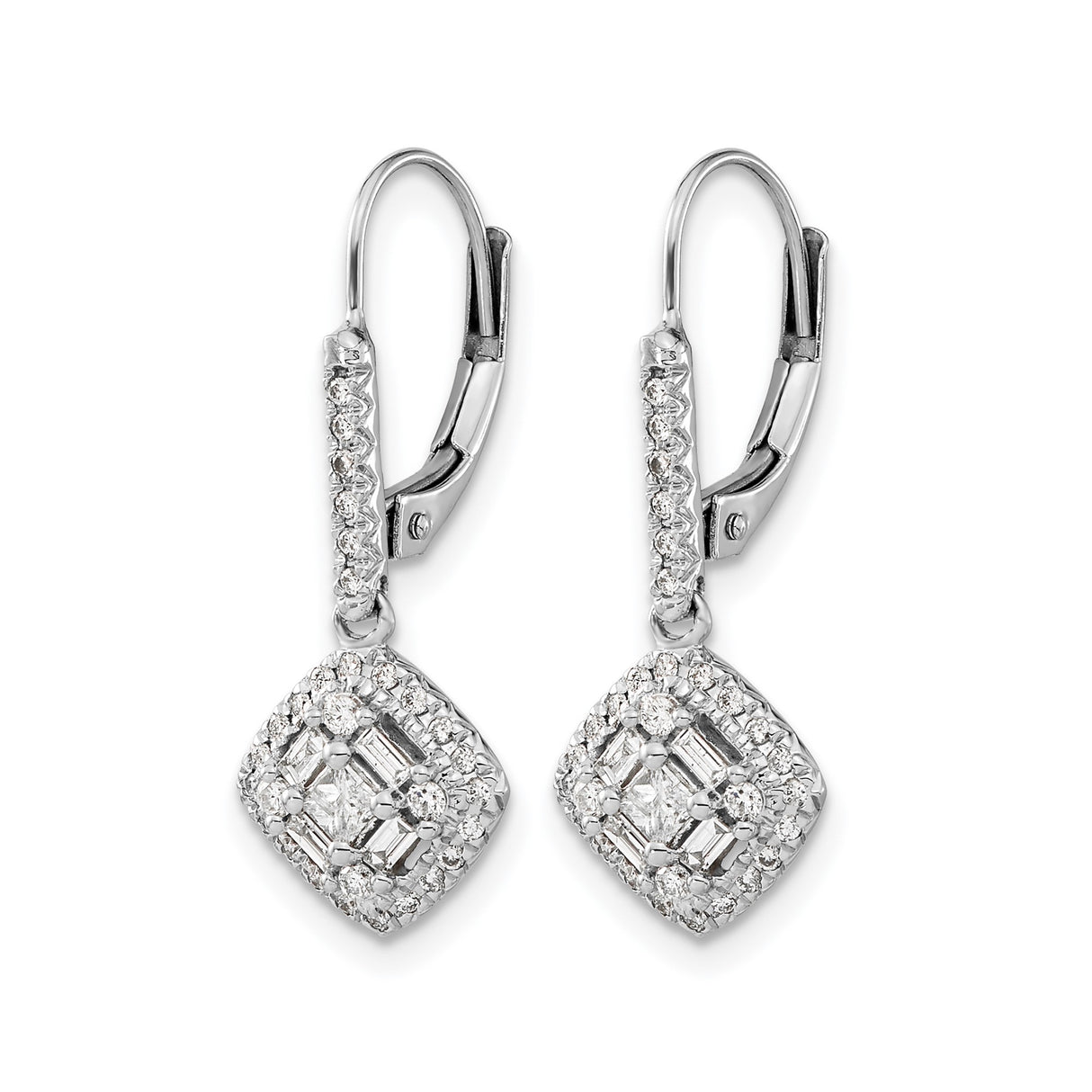 14k White Gold Dangle Earrings with Diamonds, Cushion Drop Design, Leverback Closure