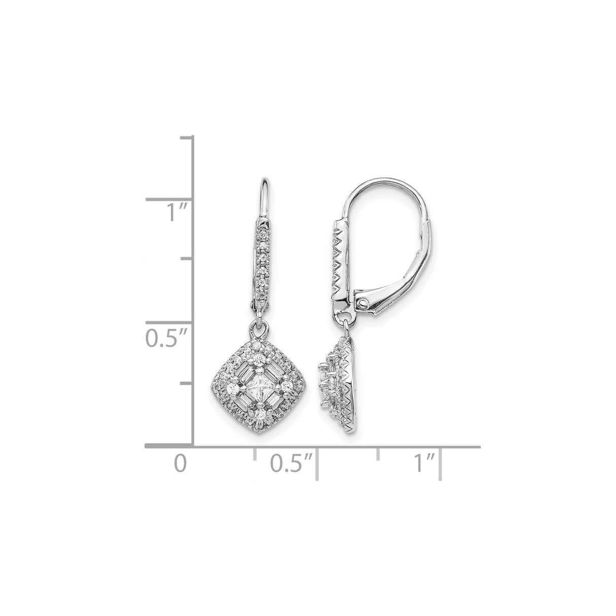 14k White Gold Dangle Earrings with Diamonds, Cushion Drop Design, Leverback Closure