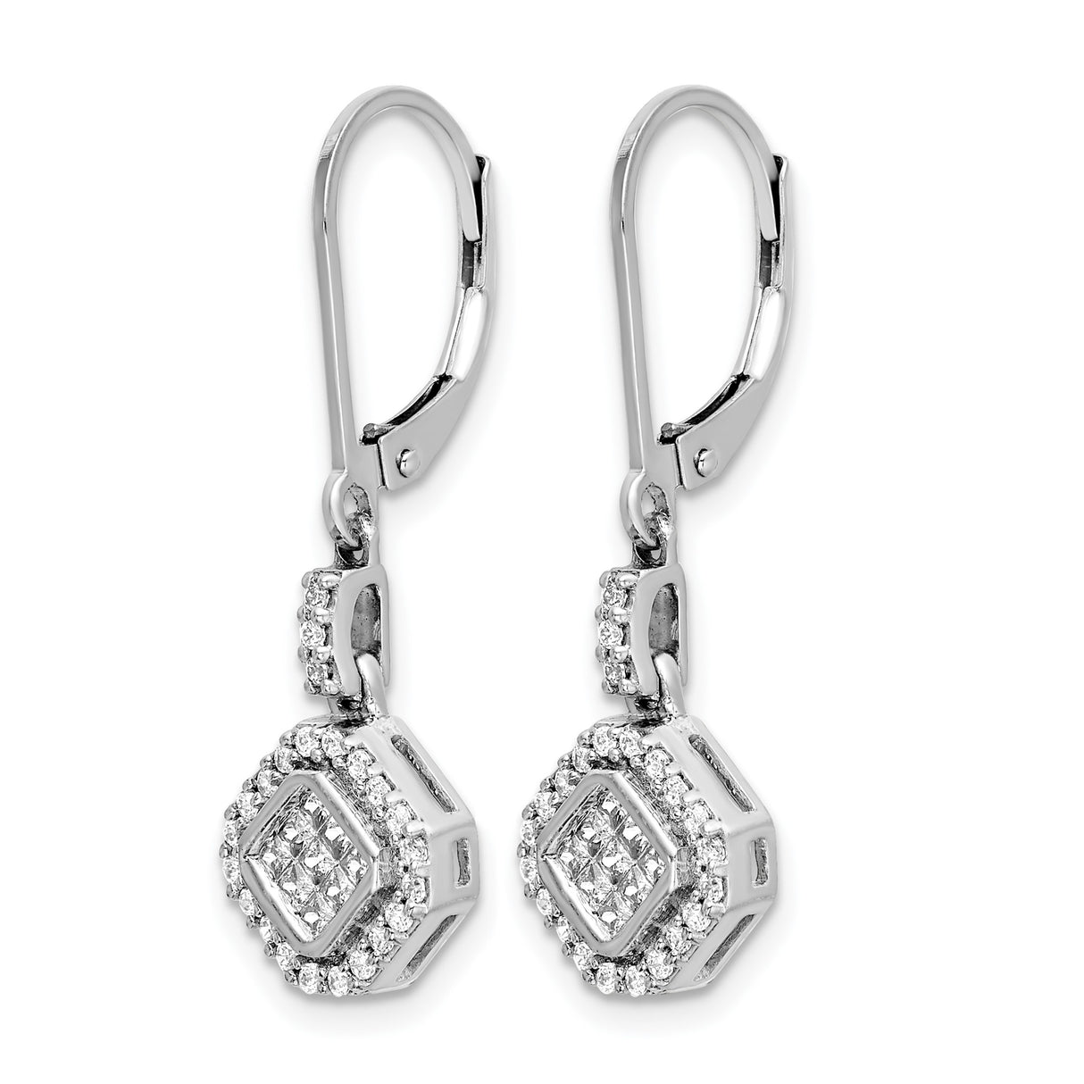 14k White Gold Dangle Earrings with Diamond Accents, Geometric Halo Design, Leverback Drop Style