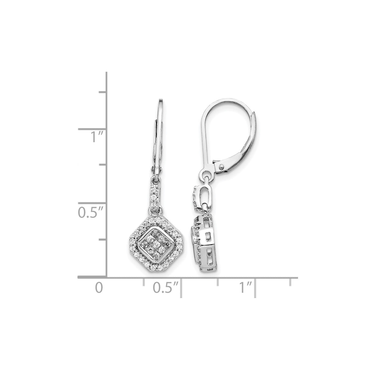 14k White Gold Dangle Earrings with Diamond Accents, Geometric Halo Design, Leverback Drop Style