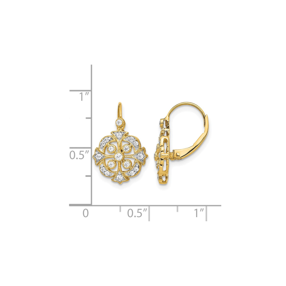 10k Yellow Gold Dangle Earrings with Floral Filigree and Cross Motif for Women