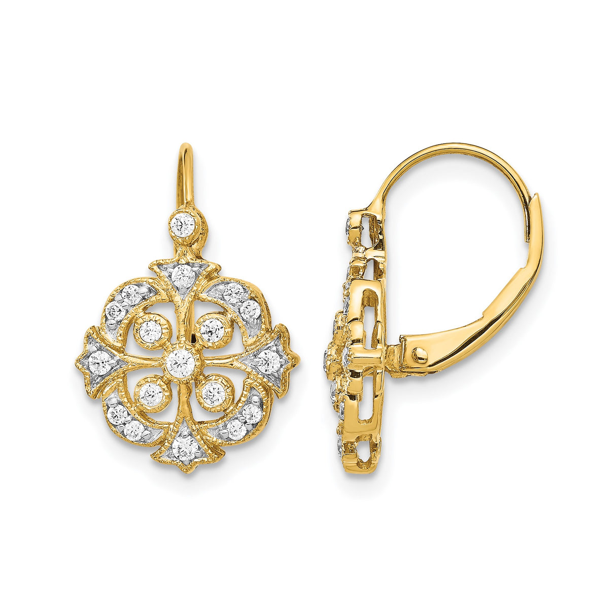 10k Yellow Gold Dangle Earrings with Floral Filigree and Cross Motif for Women