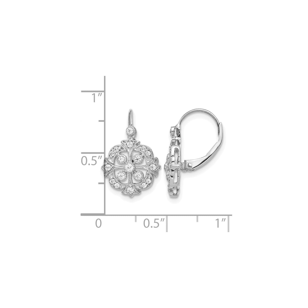 14k White Gold Dangle Earrings with Diamond Accents, Vintage Floral Filigree Cross Design