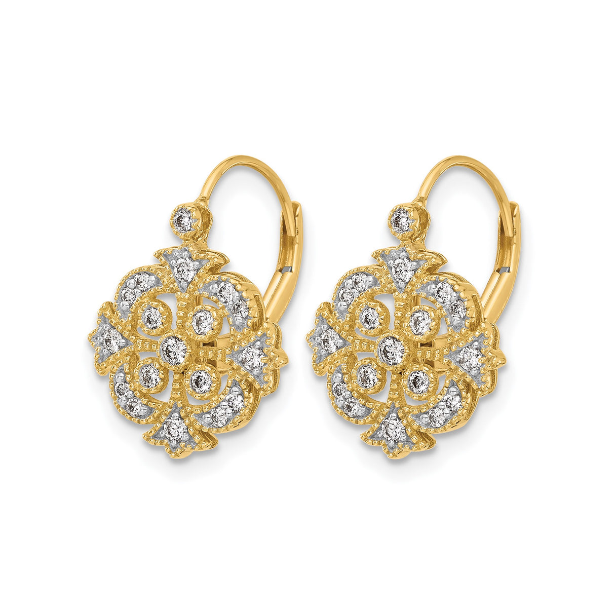 14k Yellow Gold Leverback Earrings with Diamond Accent, Filigree Cross Design, Vintage Religious Style
