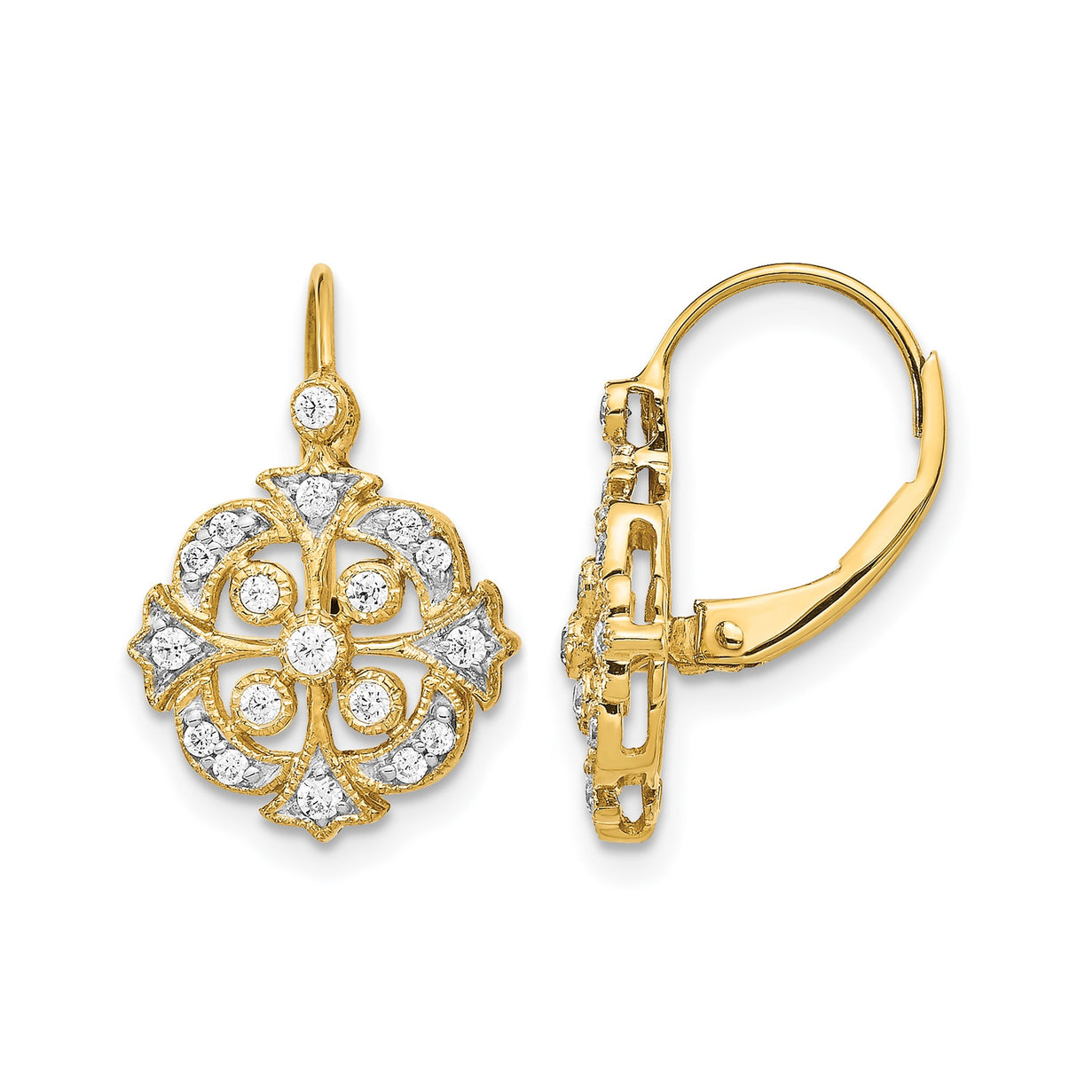 14k Yellow Gold Leverback Earrings with Diamond Accent, Filigree Cross Design, Vintage Religious Style