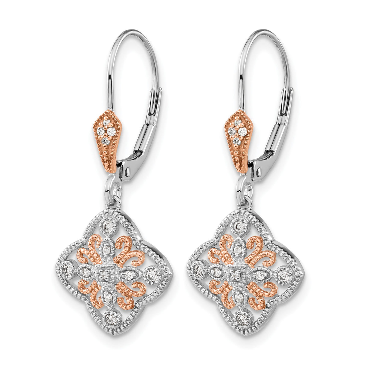 14k White Gold Dangle Earrings with Diamond Accents, Floral Filigree Cross Design