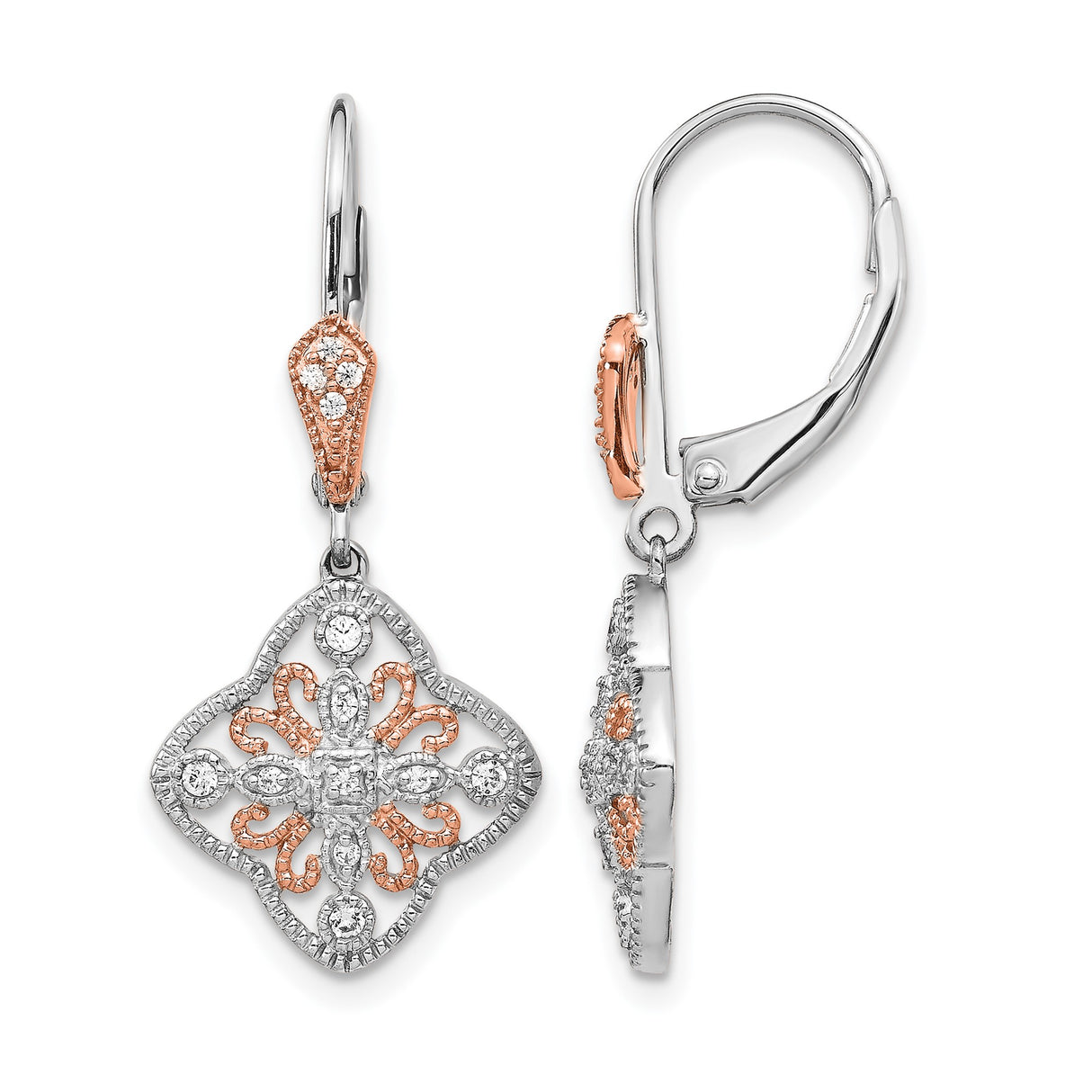 14k White Gold Dangle Earrings with Diamond Accents, Floral Filigree Cross Design