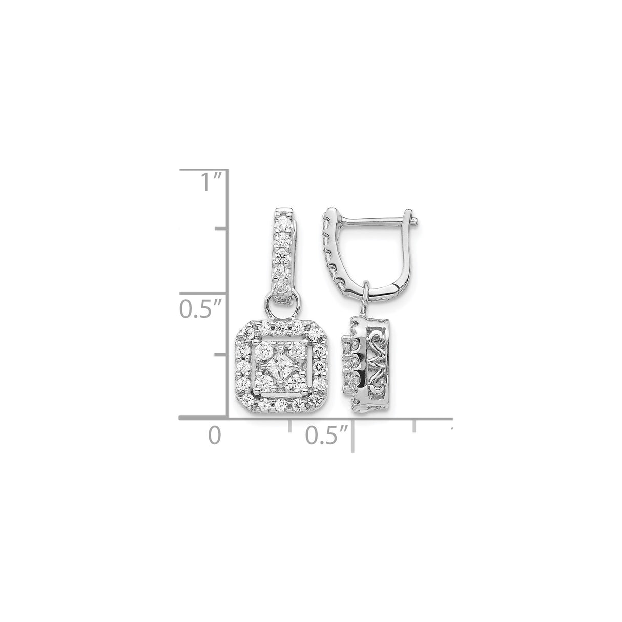 14k White Gold Diamond Drop Earrings with Square Halo and Scrollwork Design