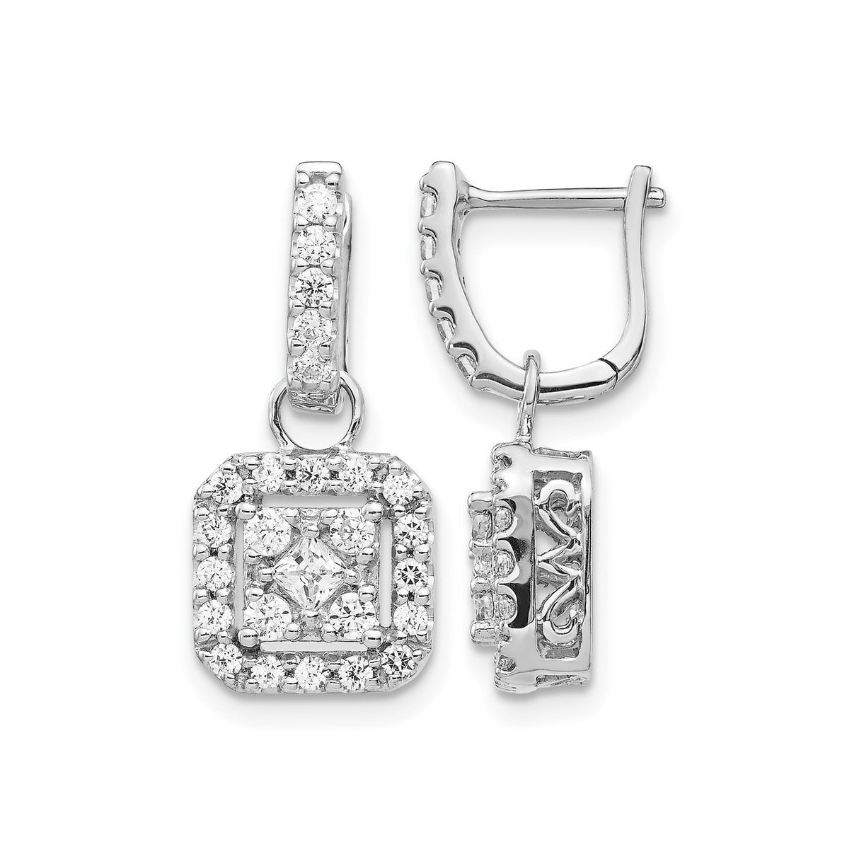 14k White Gold Diamond Drop Earrings with Square Halo and Scrollwork Design