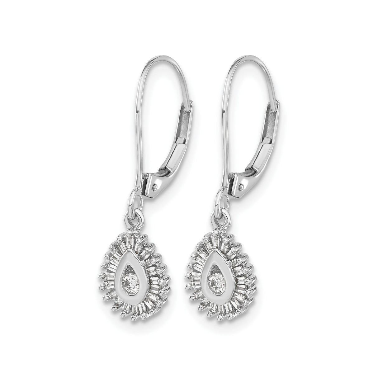 10k White Gold Teardrop Dangle Earrings with Diamond Accent and Baguette Halo Design