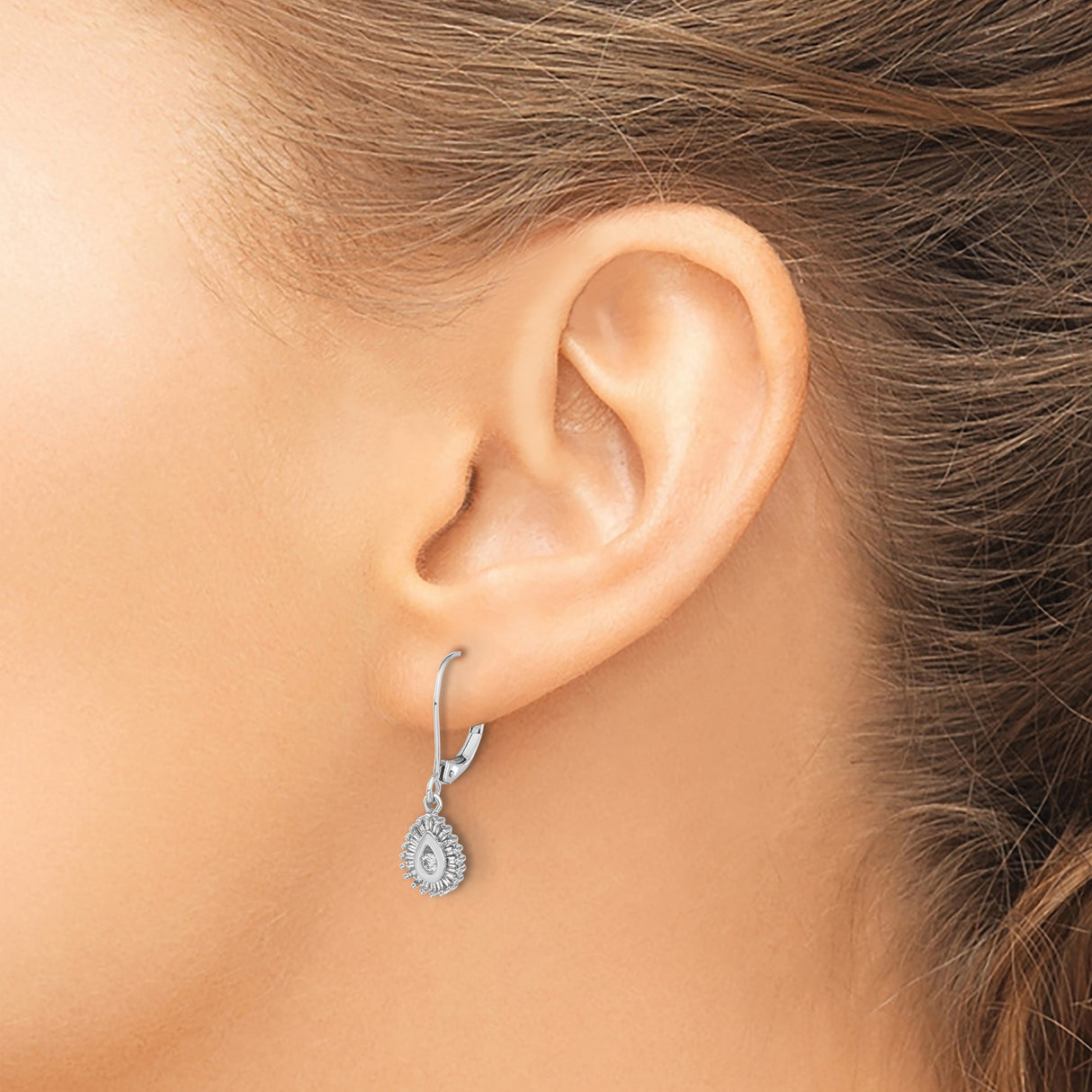 10k White Gold Teardrop Dangle Earrings with Diamond Accent and Baguette Halo Design