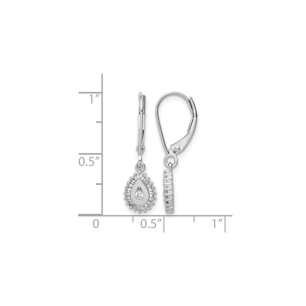 10k White Gold Teardrop Dangle Earrings with Diamond Accent and Baguette Halo Design
