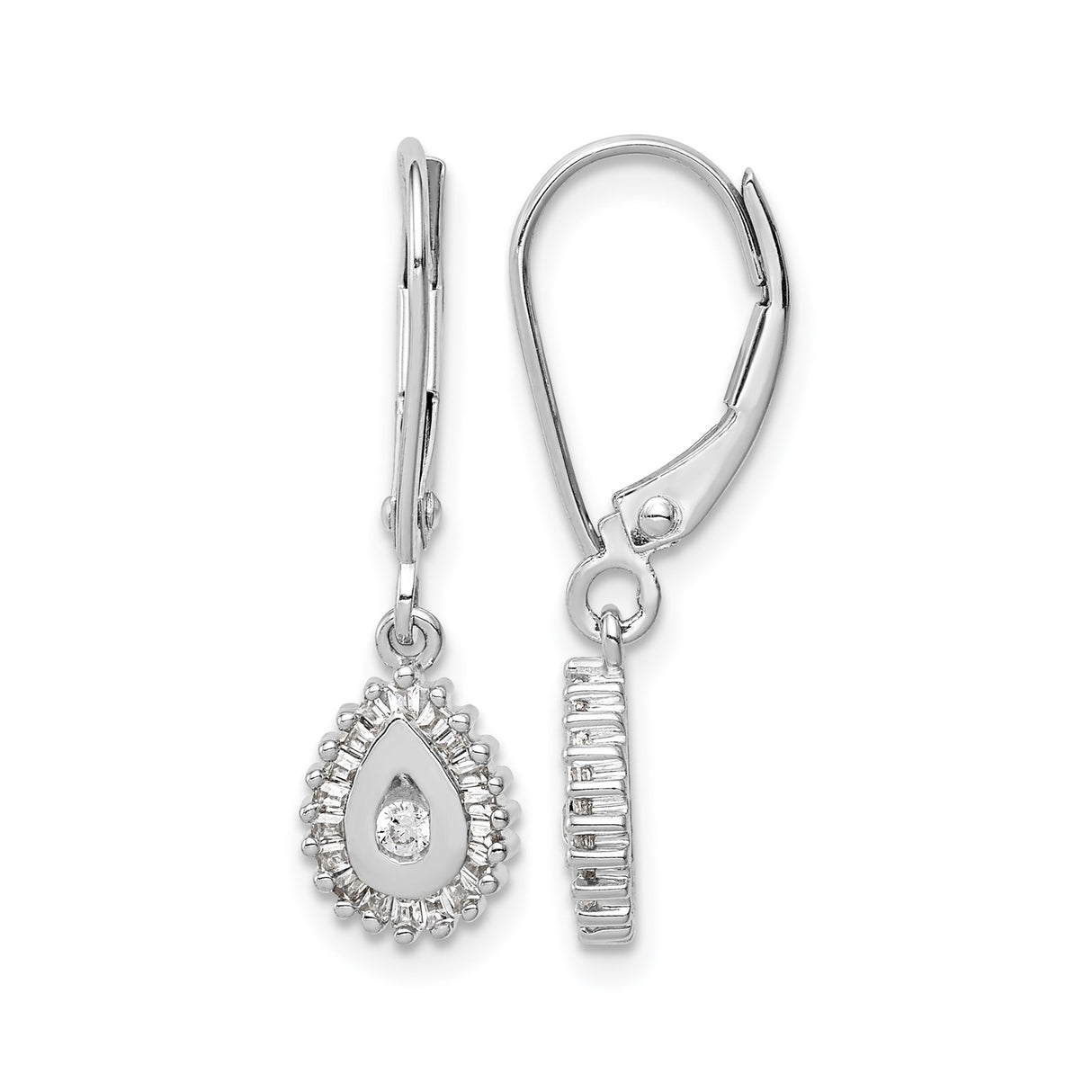 10k White Gold Teardrop Dangle Earrings with Diamond Accent and Baguette Halo Design