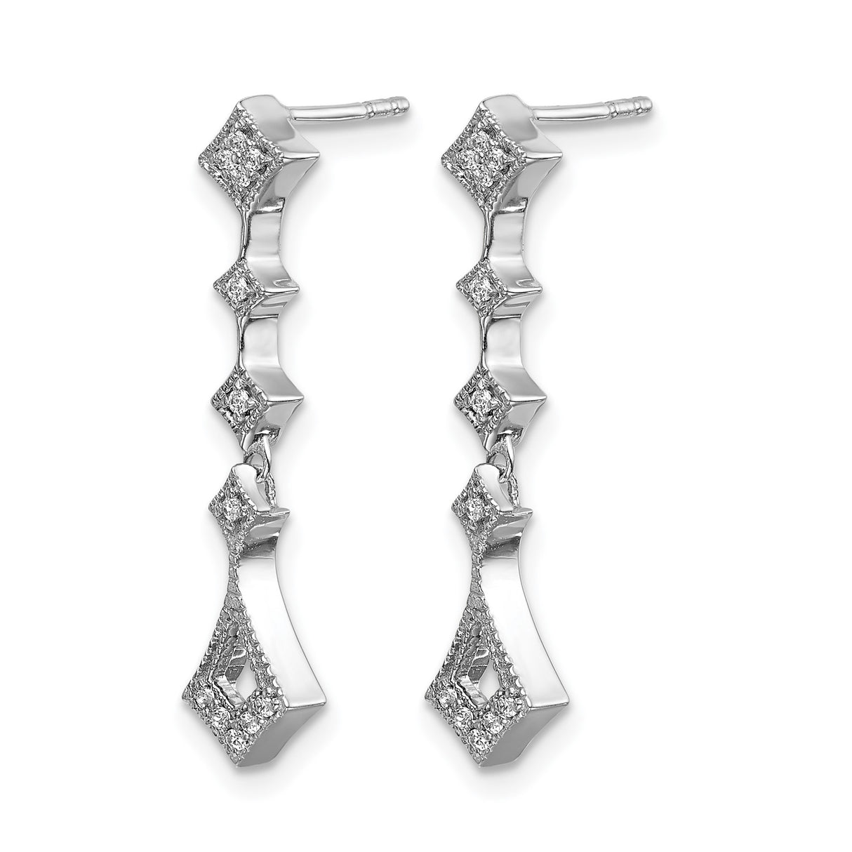 14k White Gold Dangle Earrings with Diamond, Geometric Design, Pavé Accents