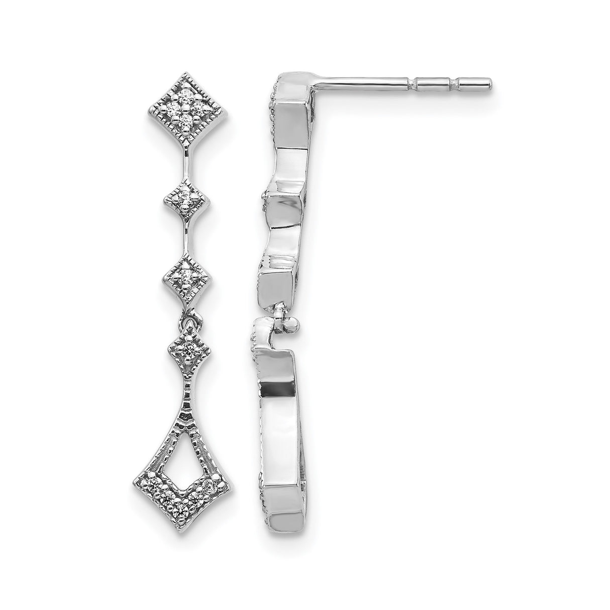 14k White Gold Dangle Earrings with Diamond, Geometric Design, Pavé Accents