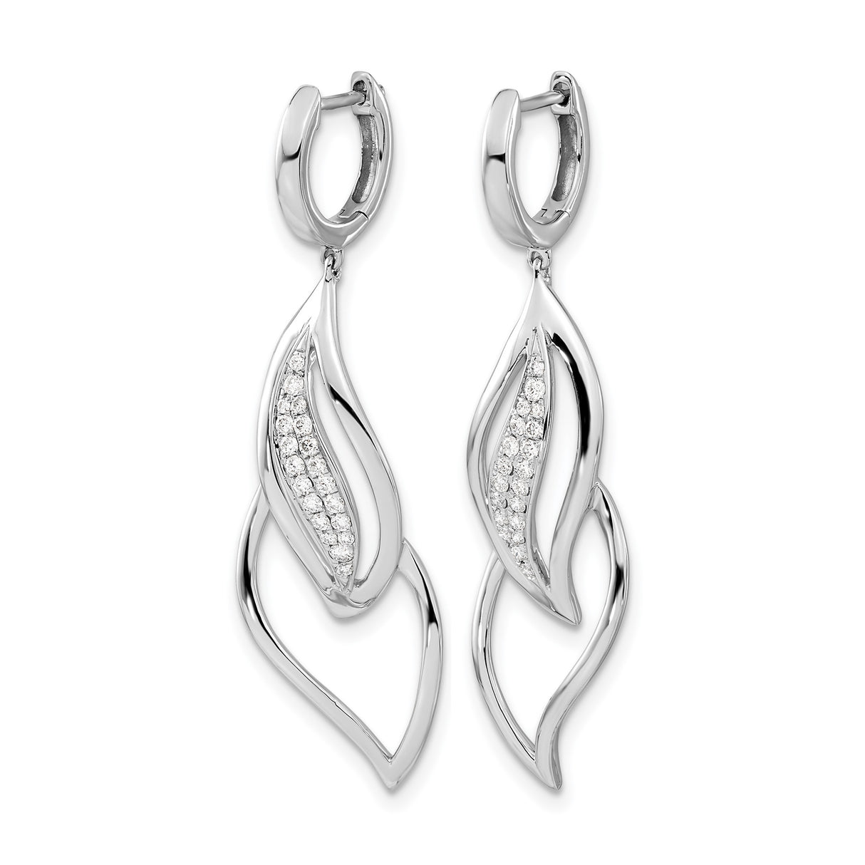 14k White Gold Drop Earrings with Diamond Accents, Open Leaf Design, Nature Inspired Style