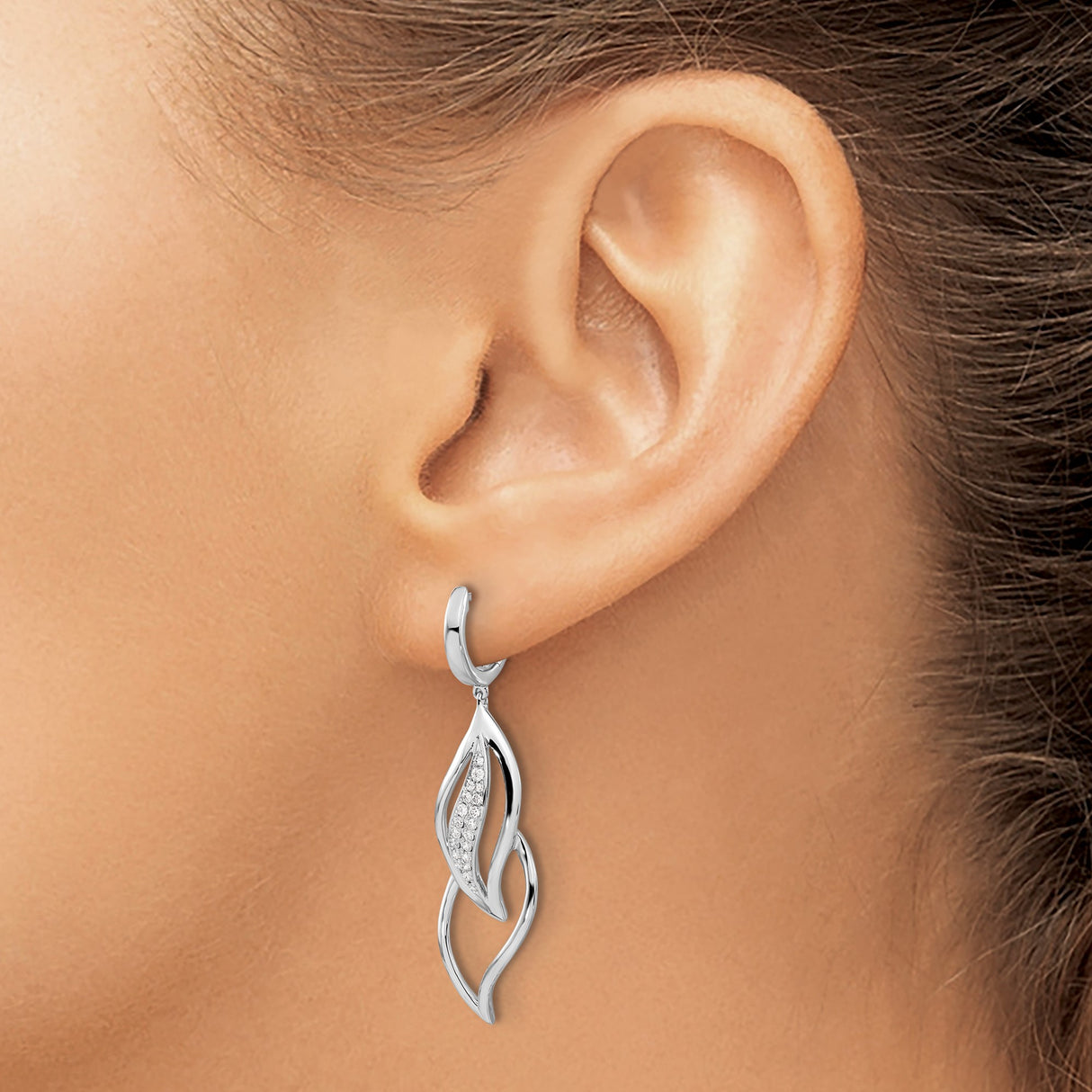 14k White Gold Drop Earrings with Diamond Accents, Open Leaf Design, Nature Inspired Style