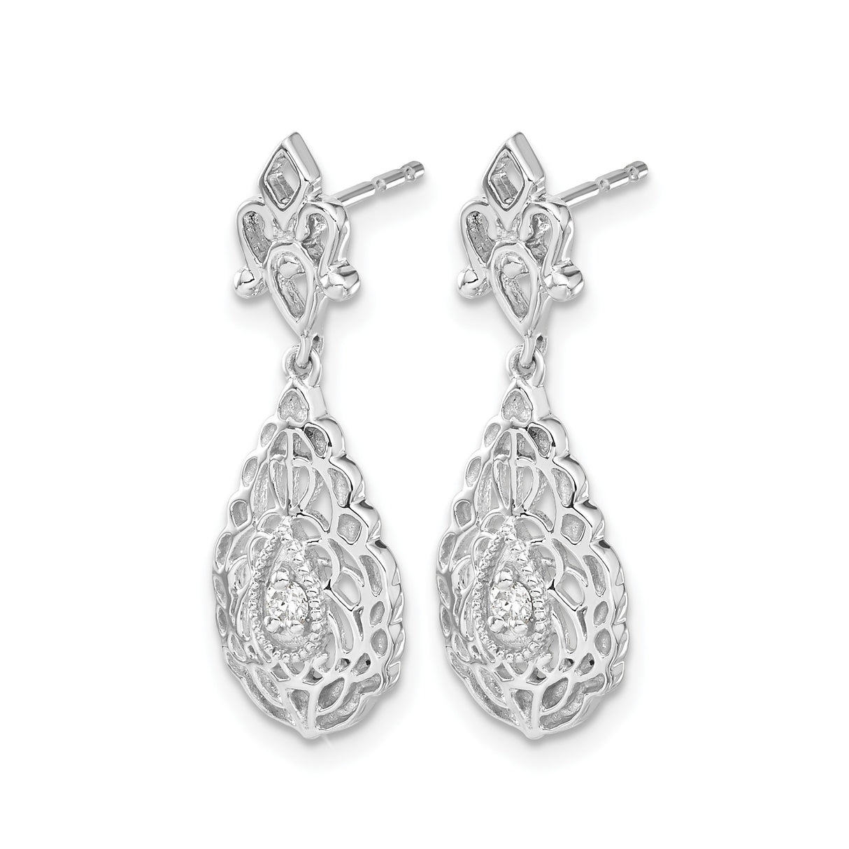 14k White Gold Dangle Earrings with Diamond Accents, Filigree Lace and Floral Design