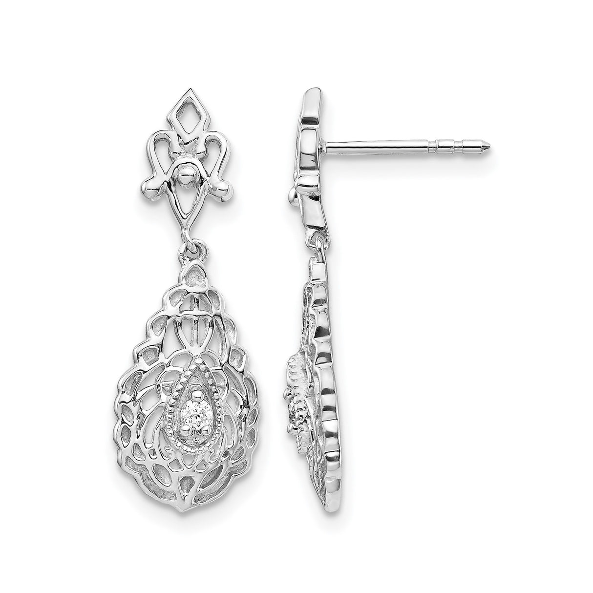 14k White Gold Dangle Earrings with Diamond Accents, Filigree Lace and Floral Design