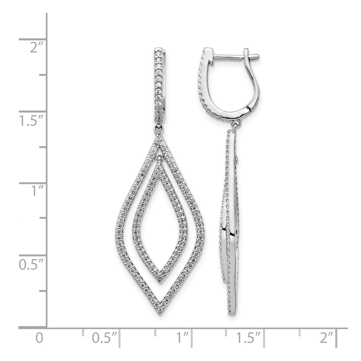 14k White Gold Dangle Earrings with Round Cut Diamonds, Double Marquise Open Drop Design