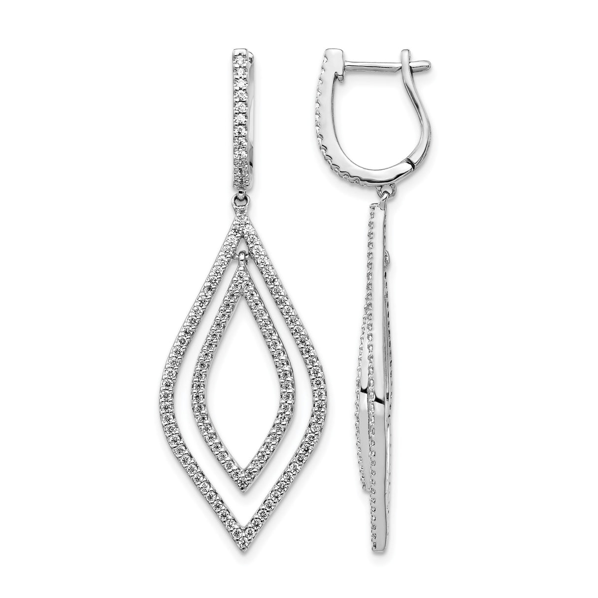 14k White Gold Dangle Earrings with Round Cut Diamonds, Double Marquise Open Drop Design