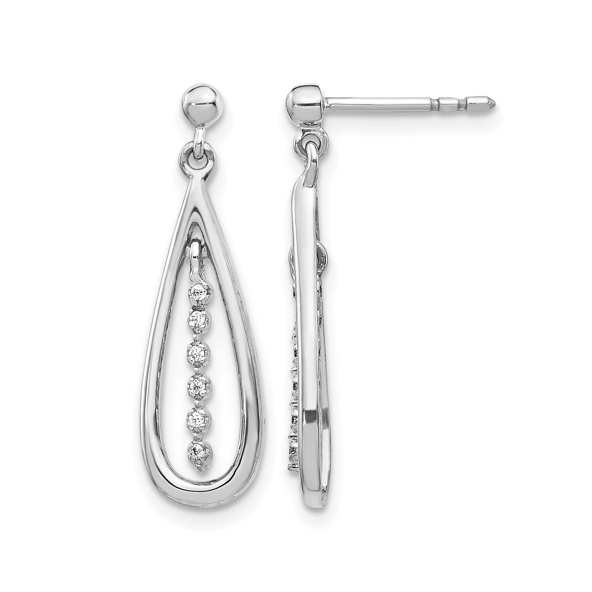 10k White Gold Dangle Earrings with Round Cut Diamonds, Teardrop and Vertical Bar Design