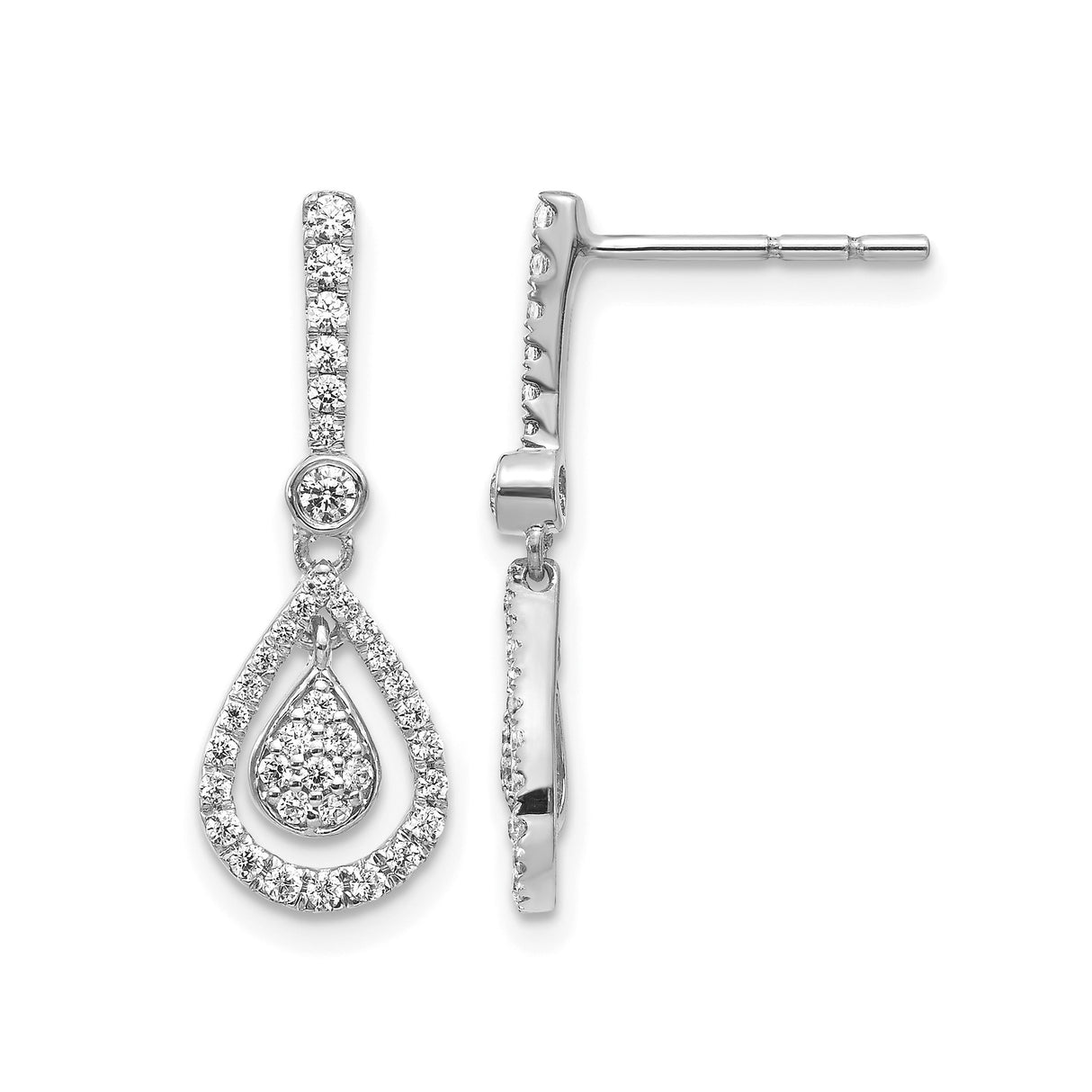 14k White Gold Double Teardrop Dangle Earrings with Diamond Accents for Women