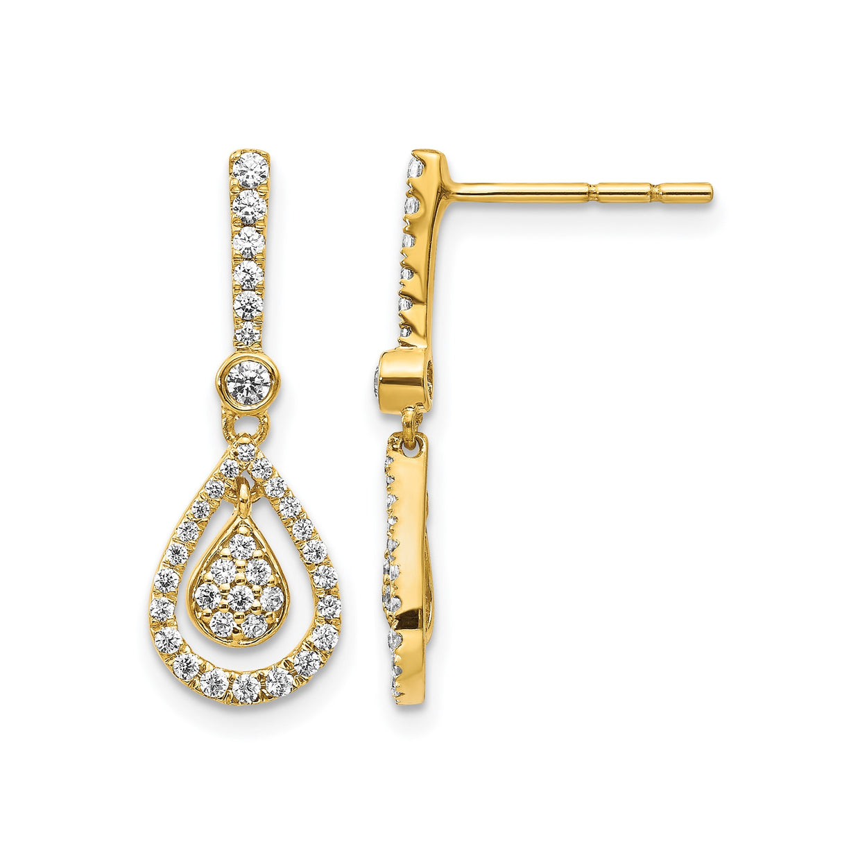 14k Yellow Gold Teardrop Dangle Earrings with Round Cut Cubic Zirconia, Cluster Drop Design