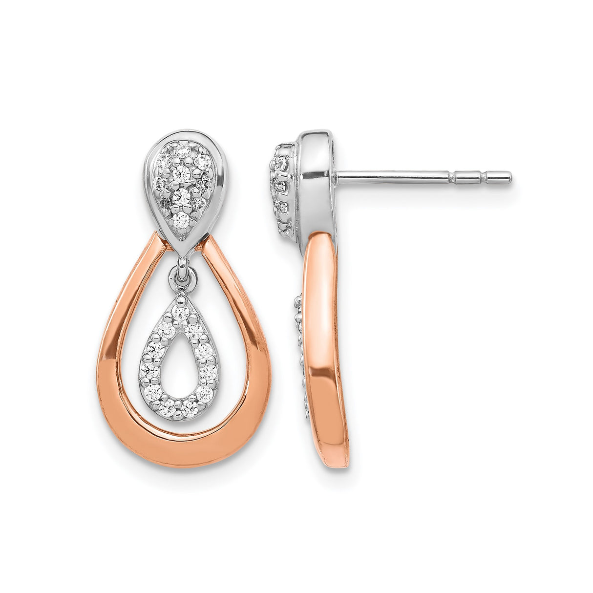 14k Two-Tone Gold Teardrop Earrings with Diamond Accents and Polished Rose Frame