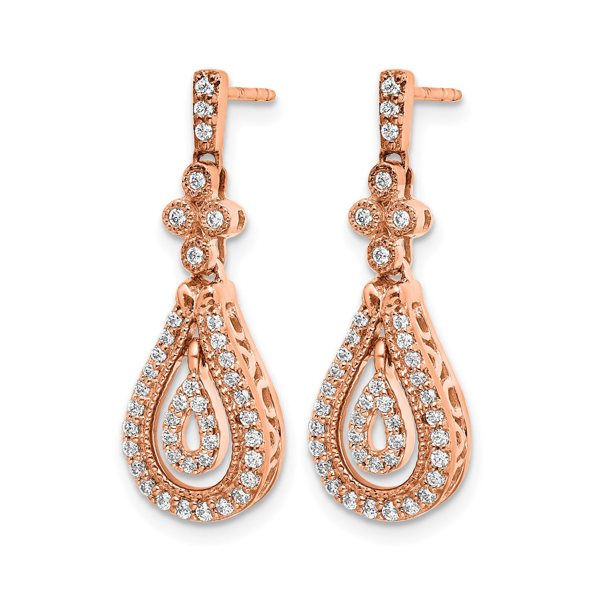 14k Rose Gold Dangle Earrings with Diamond Teardrop and Floral Openwork Design