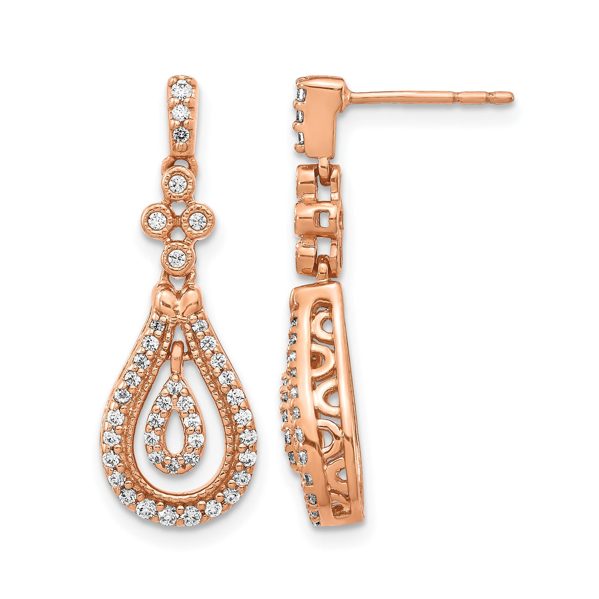 14k Rose Gold Dangle Earrings with Diamond Teardrop and Floral Openwork Design