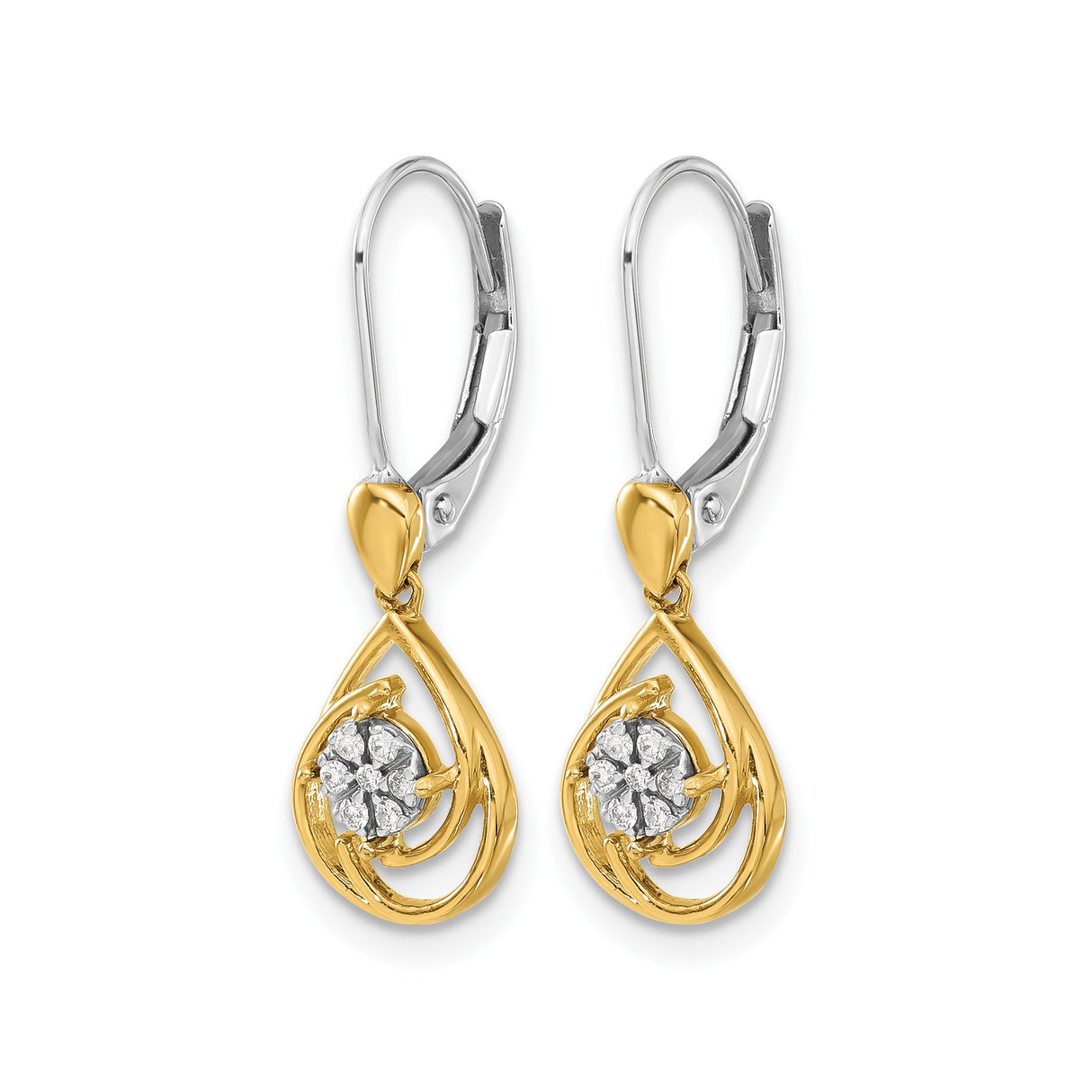 10k Yellow Gold Teardrop Dangle Earrings with Floral Diamond Cluster, Two-Tone Swirl Leverback Style