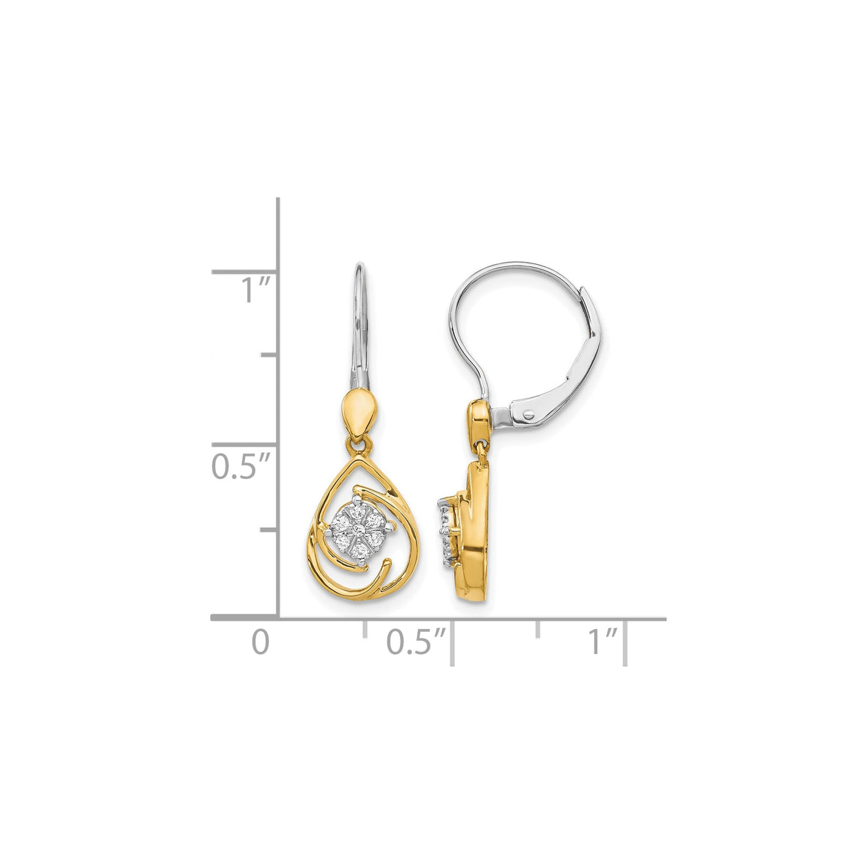 10k Yellow Gold Teardrop Dangle Earrings with Floral Diamond Cluster, Two-Tone Swirl Leverback Style