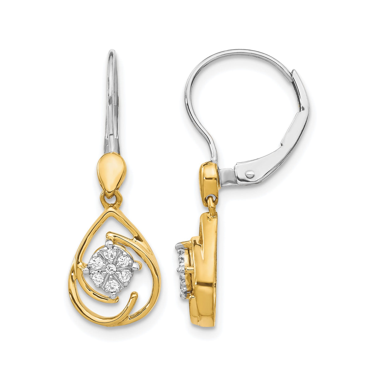 10k Yellow Gold Teardrop Dangle Earrings with Floral Diamond Cluster, Two-Tone Swirl Leverback Style