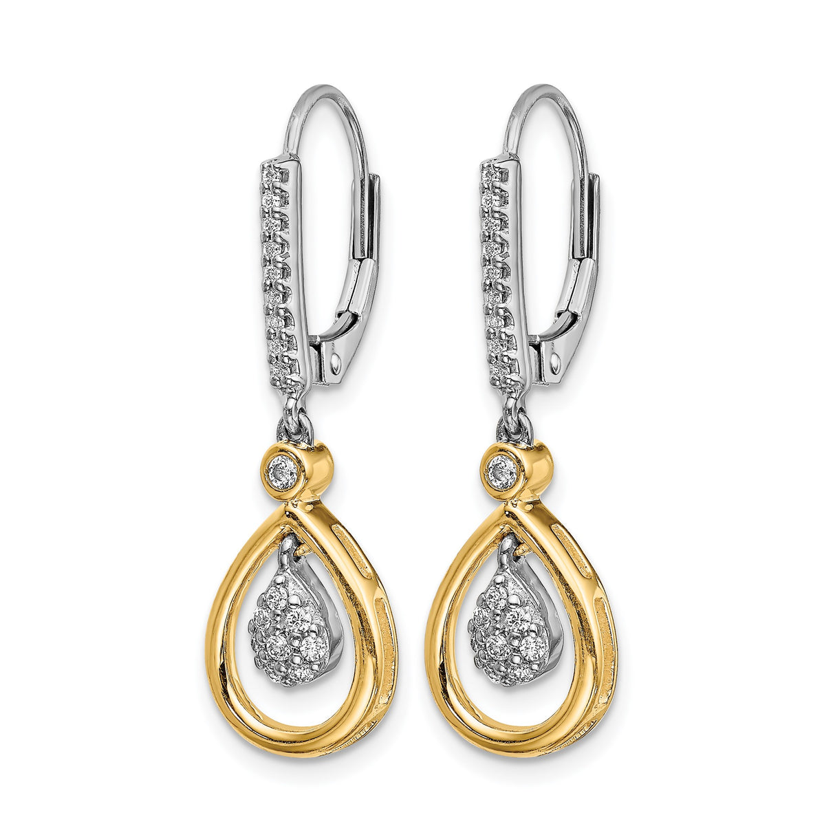 14k Yellow Gold Teardrop Dangle Earrings with Diamond Accents, Leverback Design for Women